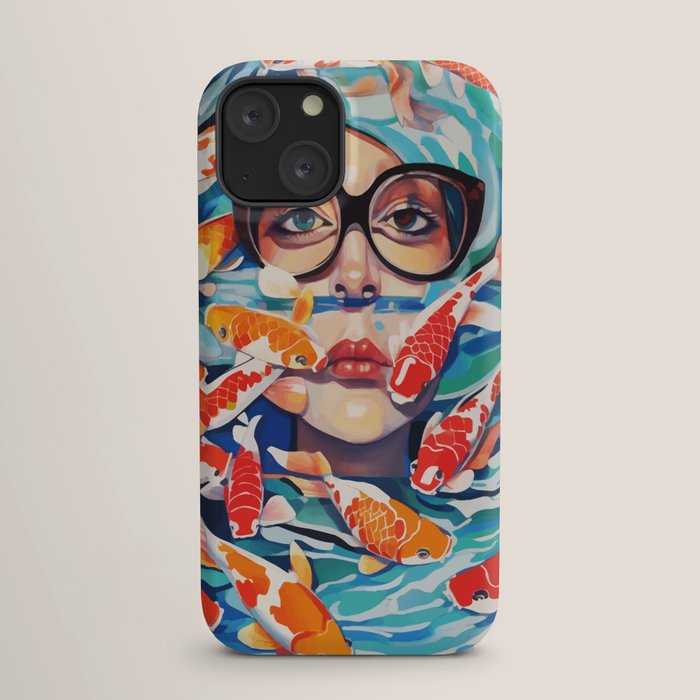 Point of View, Individuality Koi Fish Yoga Meditation, Woman Glasses Vision Concept, Fishpond Eclectic Vintage Painting iPhone Case Gallery Image 17