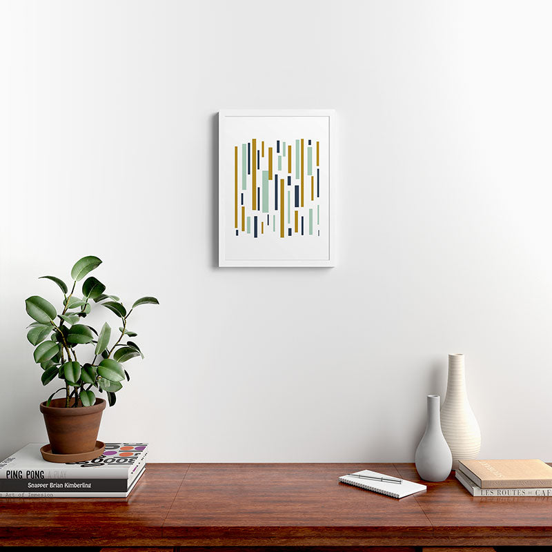 Interrupted Lines Mid-Century Modern Minimalist Pattern in Navy Blue, Teal Mint, Gold Mustard, White Framed Art Print Gallery Image 32