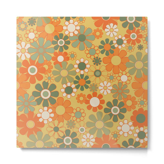 Retro 70s Floral Pattern in Mossy Sage Olive Green Orange Mustard Metal Print Gallery Image 2
