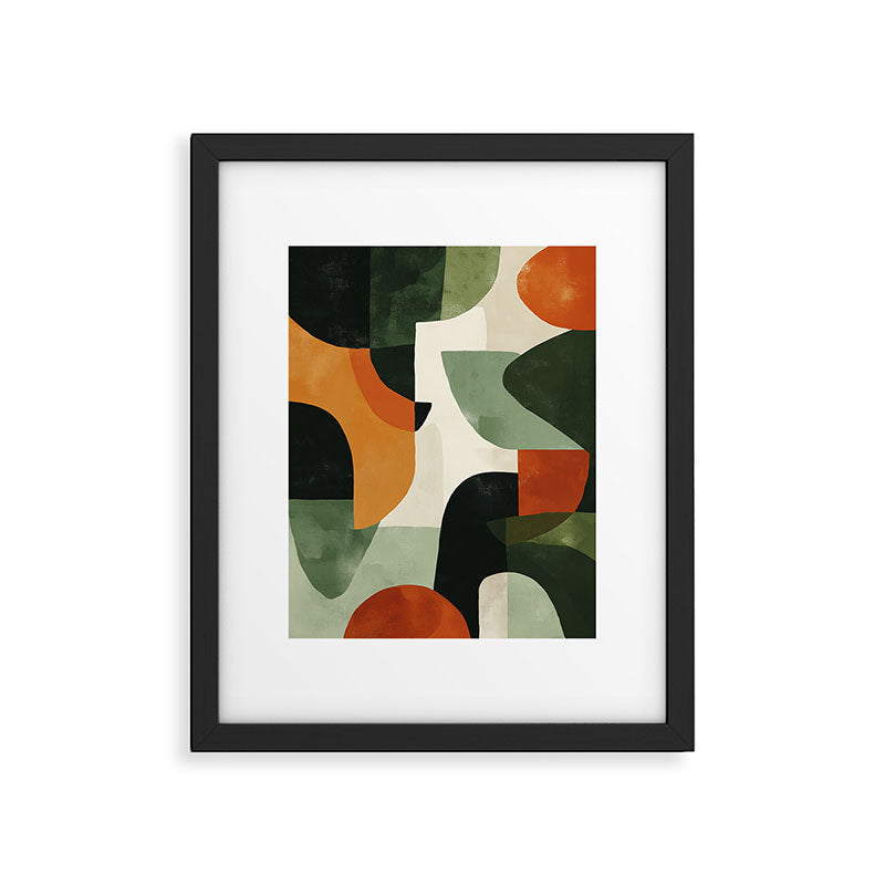 Earthy Mid-Century Abstract Composition in Olive, Rust, and Charcoal Tones Framed Art Print Gallery Image 1