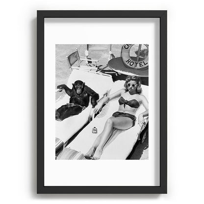 Lady and Chimp Sunbathing, Black and White, Vintage Art Framed Art Print Gallery Image 59