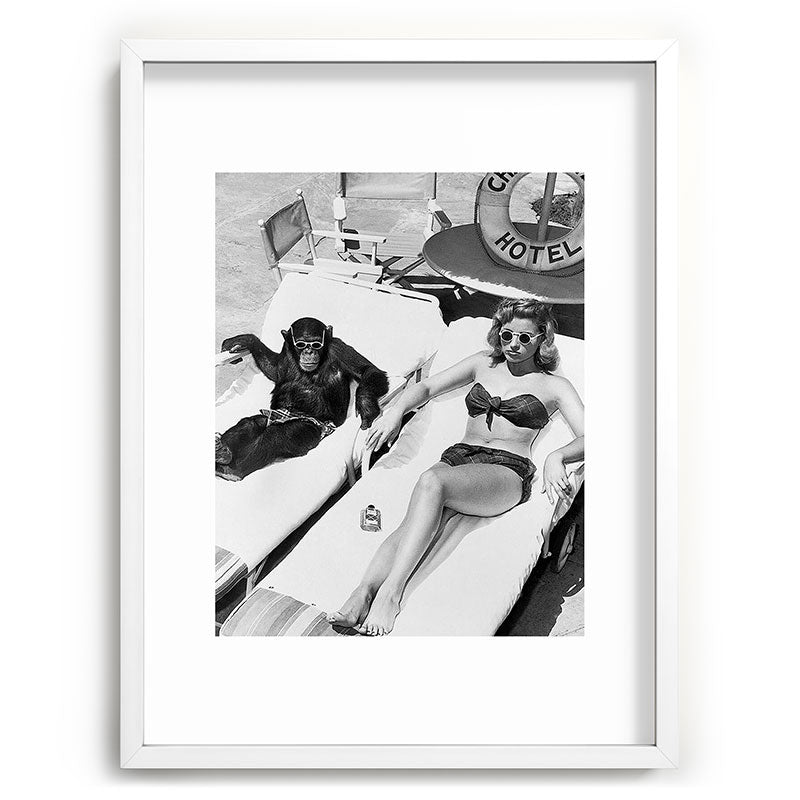 Lady and Chimp Sunbathing, Black and White, Vintage Art Framed Art Print Gallery Image 78