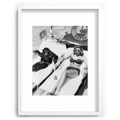 Lady and Chimp Sunbathing, Black and White, Vintage Art Framed Art Print Gallery Image 78