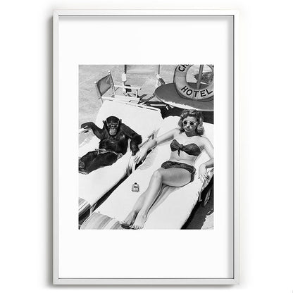 Lady and Chimp Sunbathing, Black and White, Vintage Art Framed Art Print Gallery Image 80