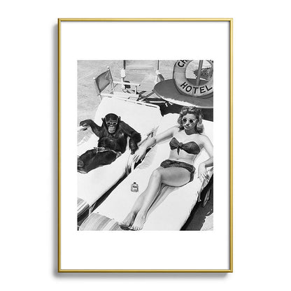Lady and Chimp Sunbathing, Black and White, Vintage Art Framed Art Print Gallery Image 90