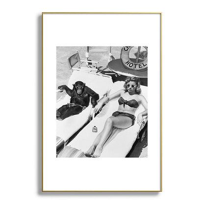 Lady and Chimp Sunbathing, Black and White, Vintage Art Framed Art Print Gallery Image 93